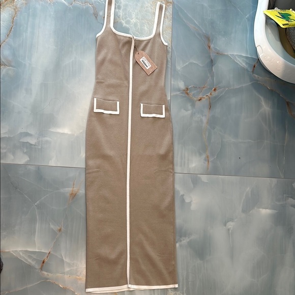 Meshki Dresses & Skirts - Elegant Tan Sleeveless Dress with White Trim